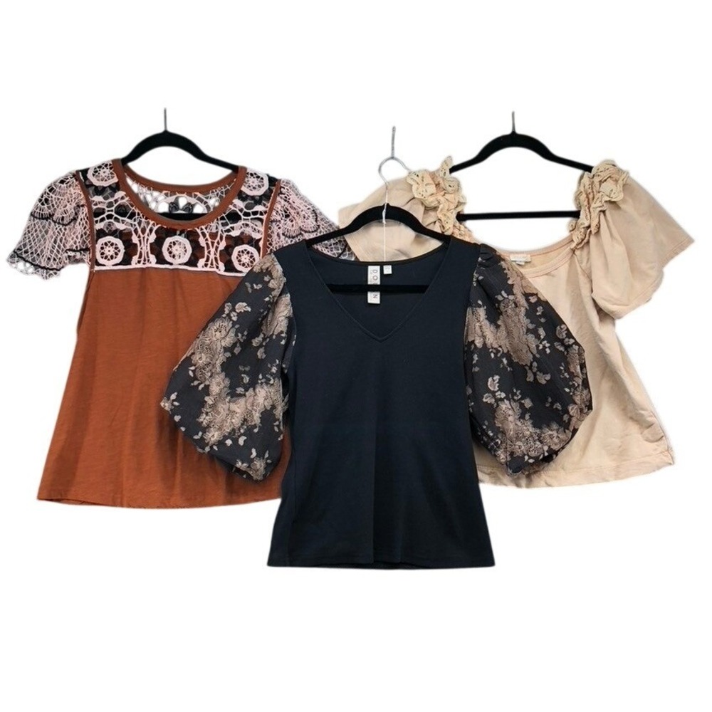 Dolan Left Coast‎ Collection Blouse Womens Small Black Tan Lace Puff Sleeve
